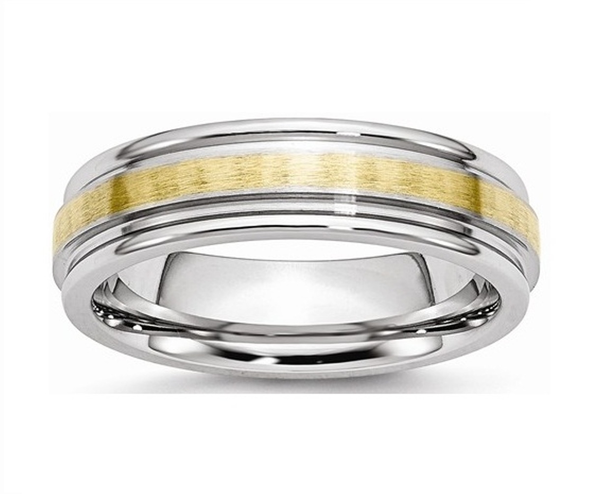 Satin Brushed Cobalt 14k yellow Gold Inlay 6mm Rounded Edge Wedding Band