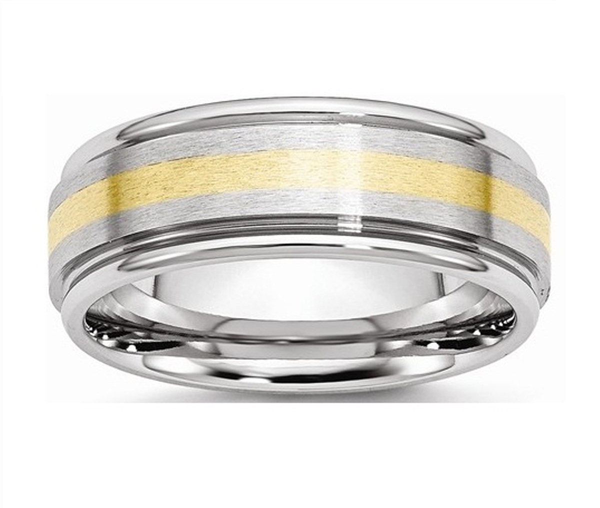 Satin and Brushed Cobalt 14k yellow Gold Inlay 8mm Rounded Edge Wedding Band
 img title=CC55-10