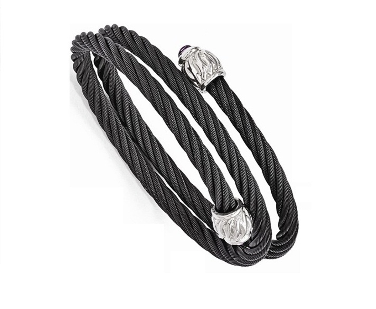 Edward Mirell Polished Black Ti Cable and 24mm Sterling Silver Caps Amethyst  Bracelet