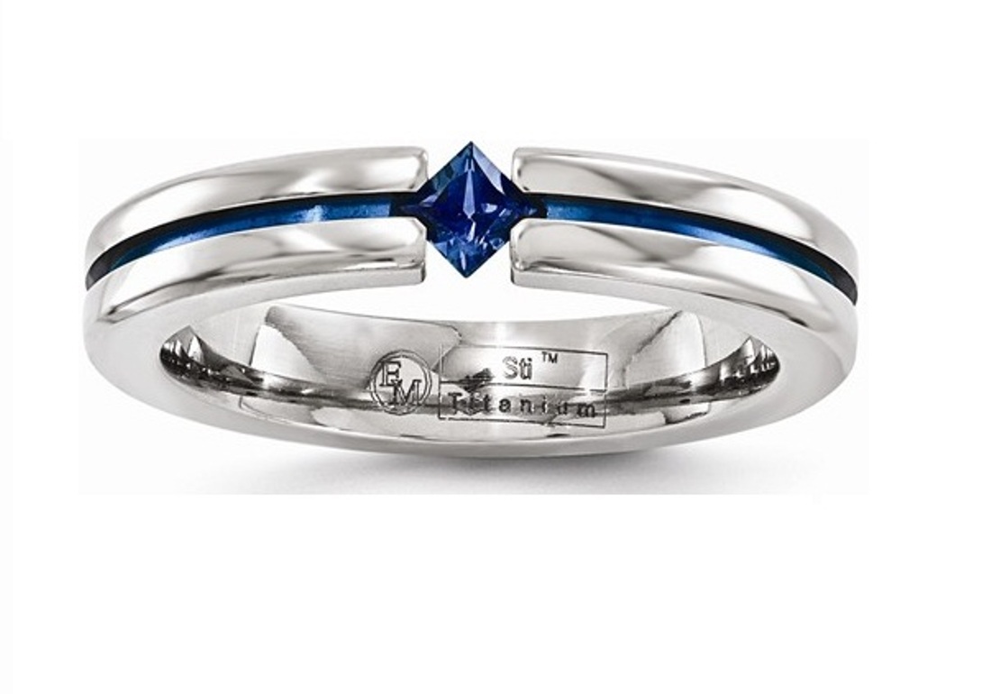 Edward Mirell Grey Titanium Sapphire and Blue Grooved Anodized 4mm Wedding Band