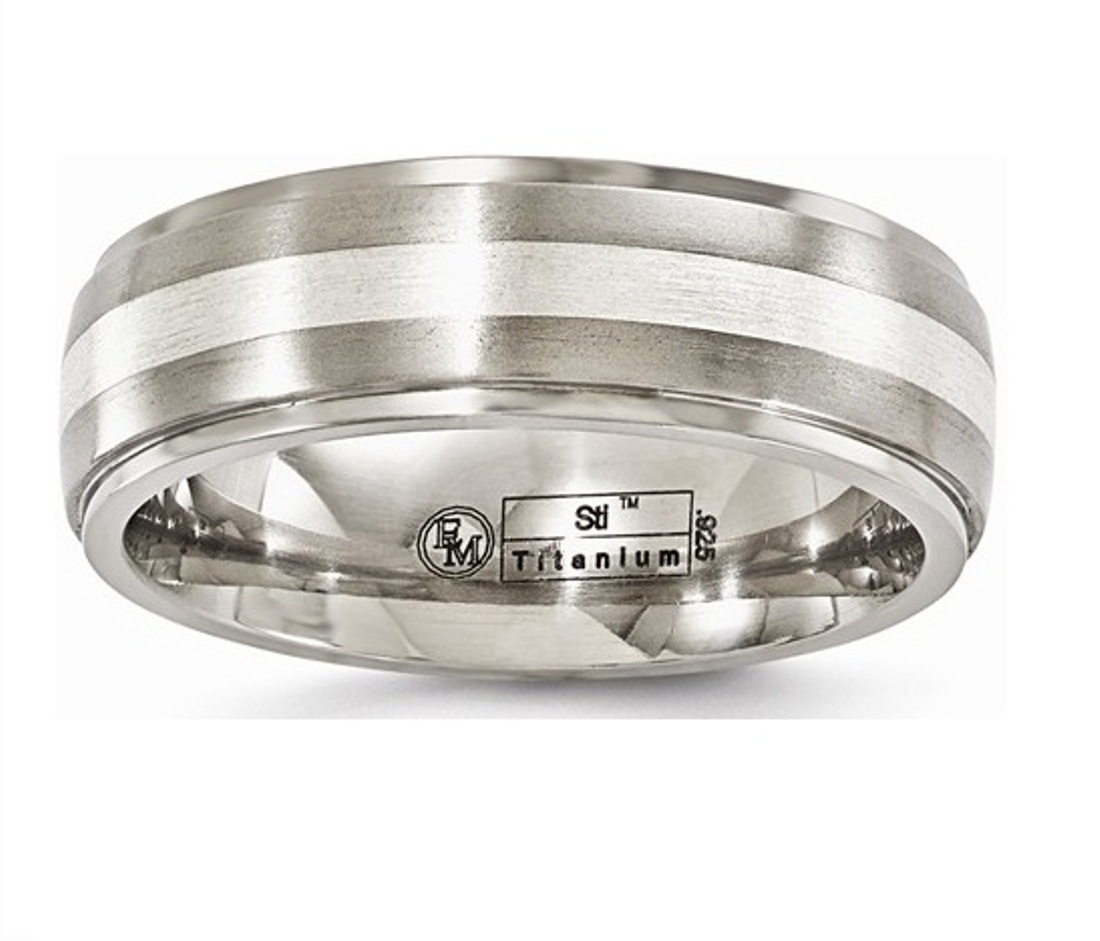 Edward Mirell Brushed And Polished Titanium  With Sterling Silver 7mm Two-Tone Wedding Band