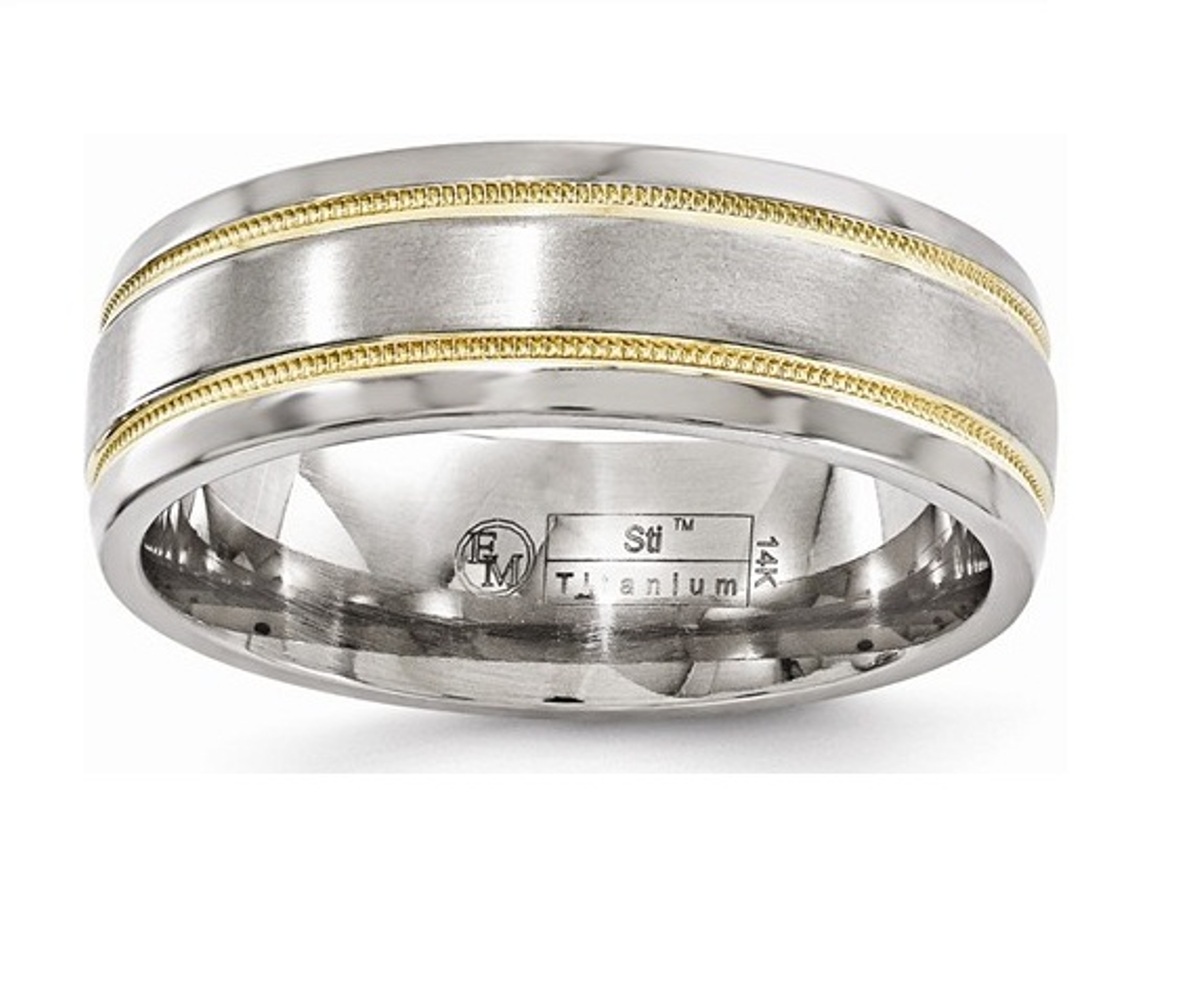 Edward Mirell Brushed Titanium and 14K Millgrain 7mm Wedding Bands