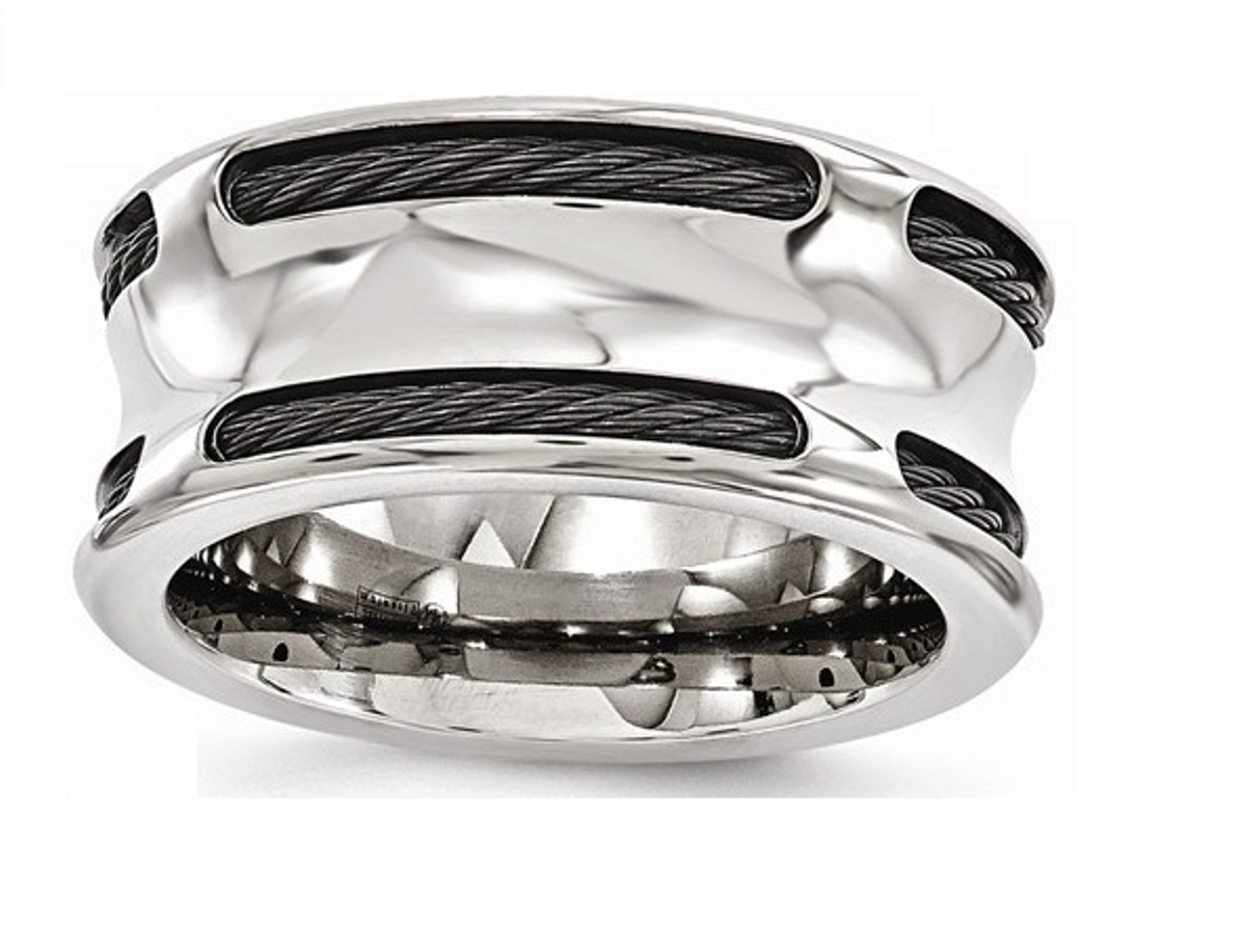Edward Mirell Polished Stainless Steel and Black Titanium Cable Concave 10mm Wedding Bands