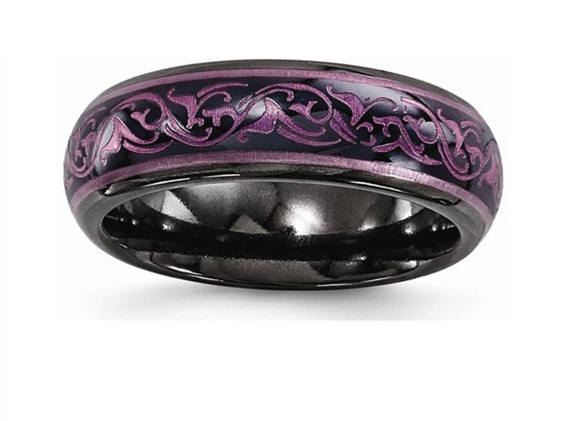 Edward Mirell Polished Black Titanium 6mm Anodized Purple Domed Wedding Bands