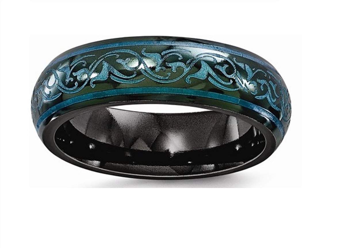 Edward Mirell Polished Black Titanium Anodized Teal 6mm Domed Standard-Fit Wedding Band