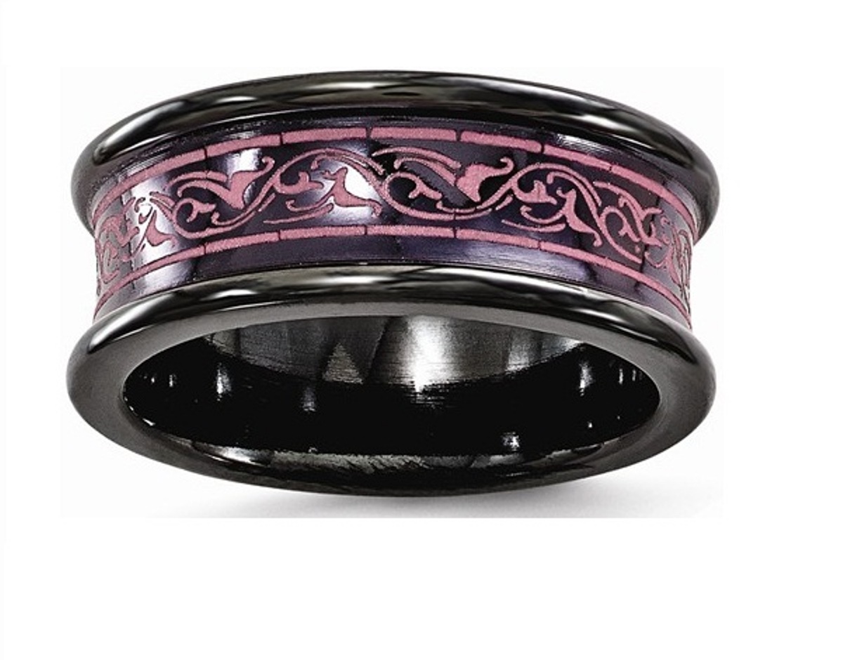 Edward Mirell Polished Black Titanium 8mm Concave Anodized Pink Wedding Band