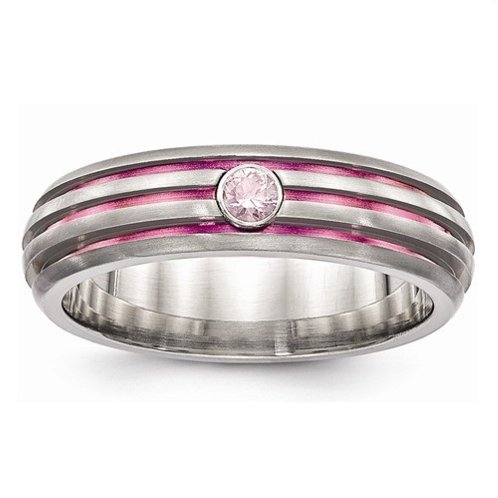 Edward Mirell Titanium Triple Groove Pink Anodized Pink Sapphire 6mm Wedding Band