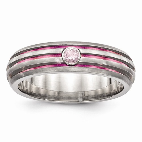 Edward Mirell Titanium Triple Pink Anodized and Pink Sapphire 6mm Argentium Silver Grooved Wedding Band
