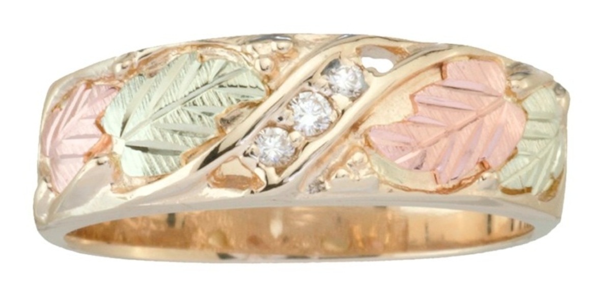 Women 10k Yellow Gold, 3-Stone Channel-Set Diamond Band, 12k Pink Gold, 12k Green Gold, (.06 Ctw, IJ Color, SI1 Clarity)
