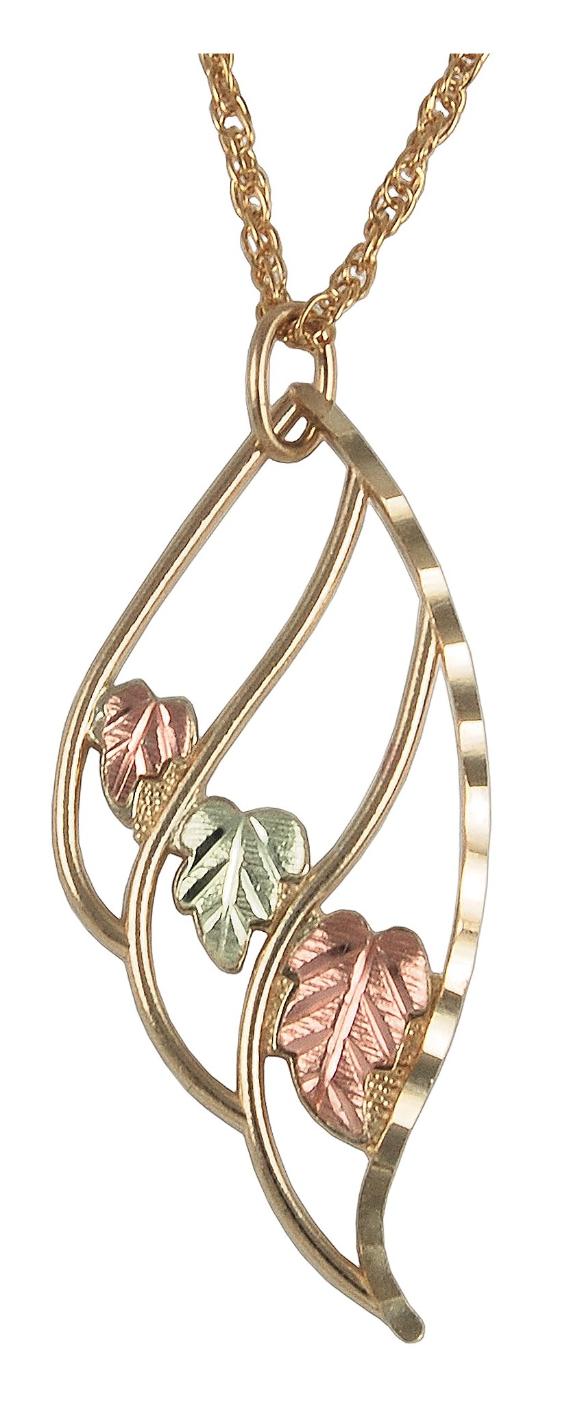 Graduated Grape Leaf Angel Wing Pendant Necklace, 10k Yellow Gold, 12k Green and Rose Gold Black Hills Gold Motif, 18