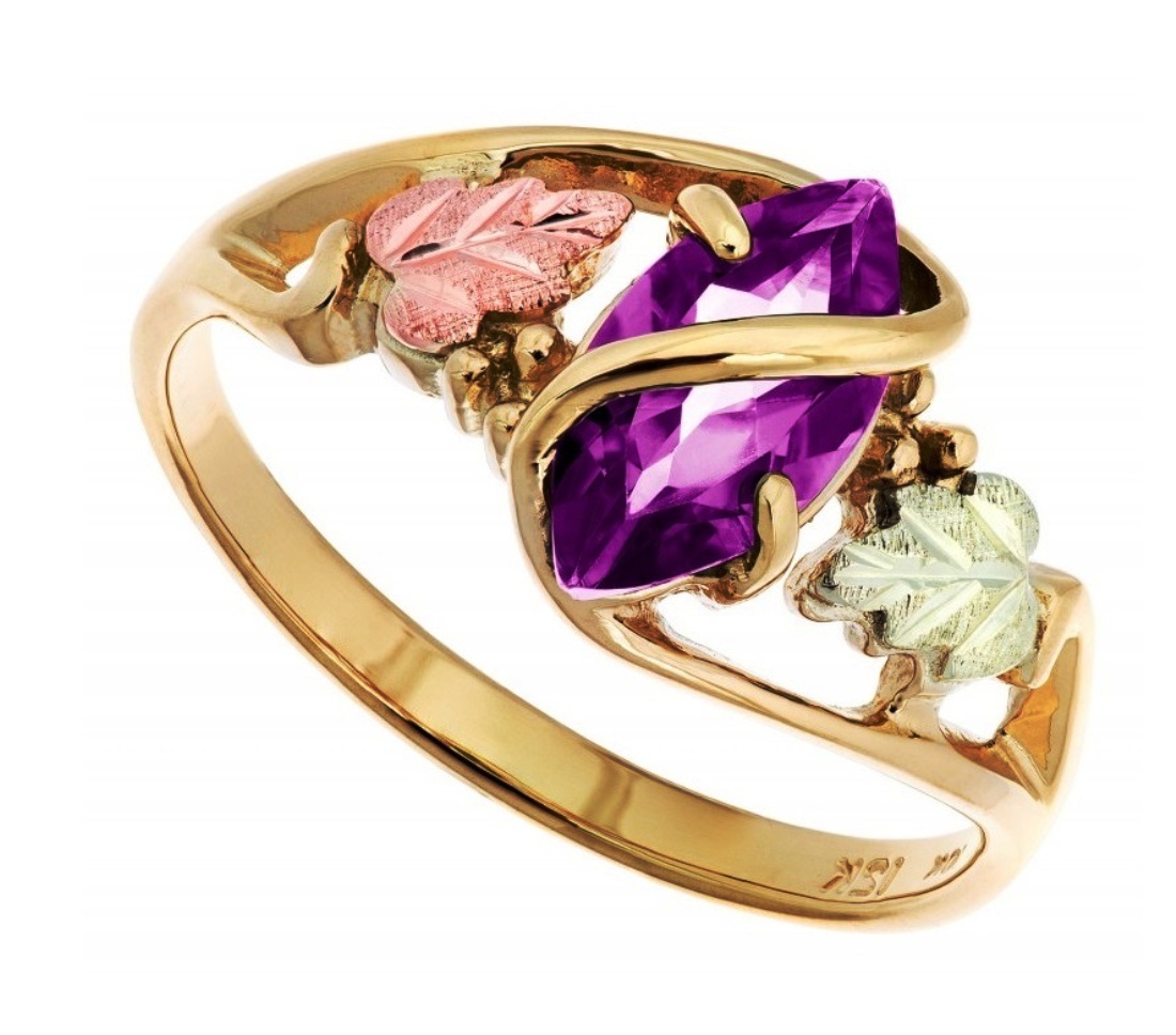 10k Yellow Gold, 12k Green and Rose Gold Marquise Amethyst Black Hills Gold Ring