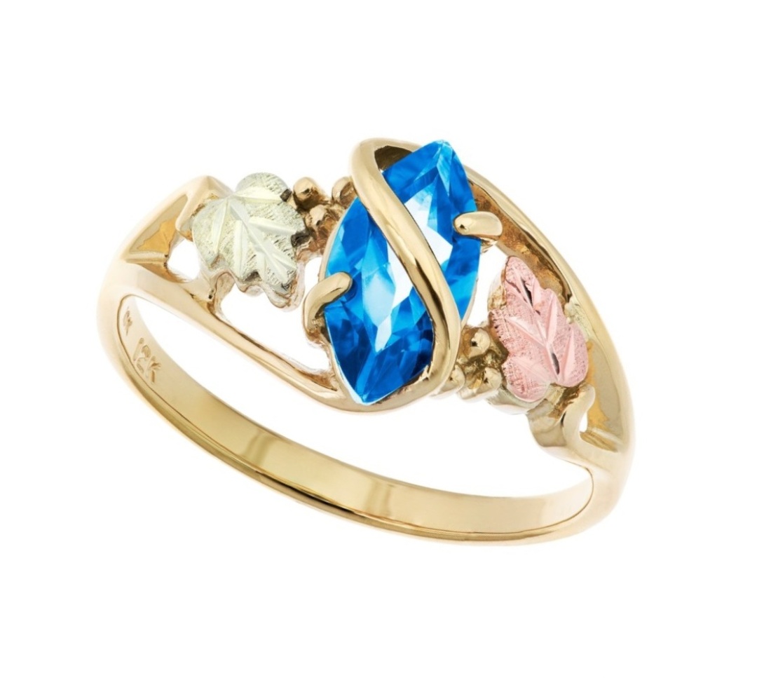 10k Yellow Gold, 12k Green and Rose Gold Marquise Blue Topaz Black Hills Gold Ring