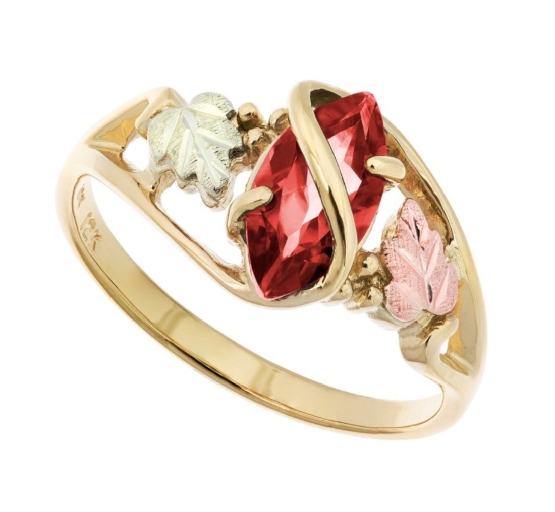 10k Yellow Gold, 12k Green and Rose Gold Marquise Garnet Black Hills Gold Ring