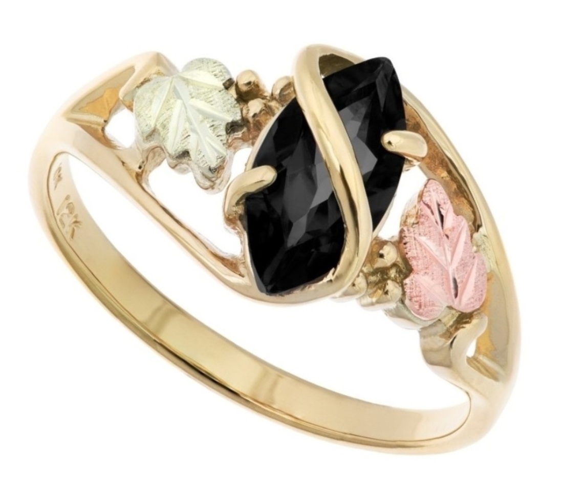 10k Yellow Gold, 12k Green and Rose Gold Marquise Onyx Black Hills Gold Ring