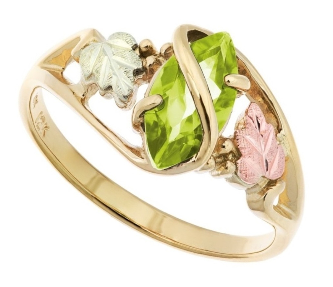 10k Yellow Gold, 12k Green and Rose Gold Marquise Peridot Black Hills Gold Ring