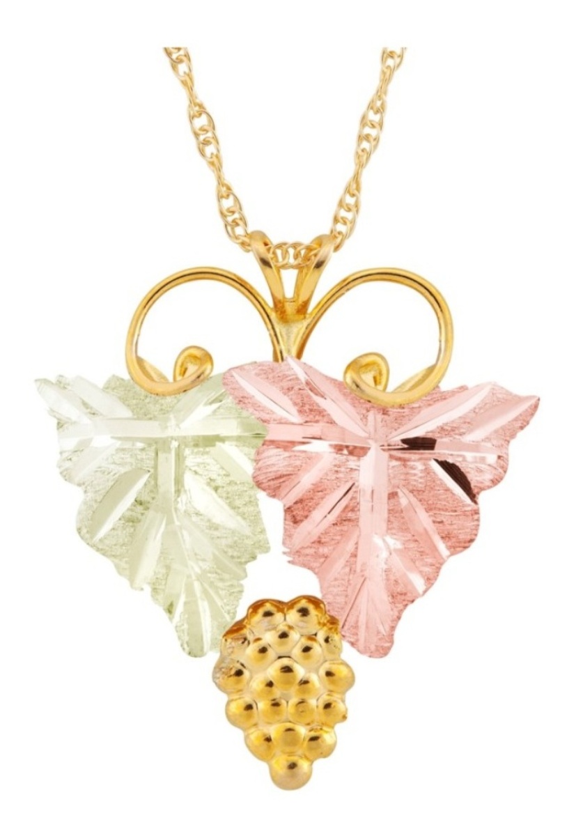 Grape Rosette with Leaves Pendant Necklace, 10k Yellow Gold, 12k Green and Rose Gold Black Hills Gold Motif, 18