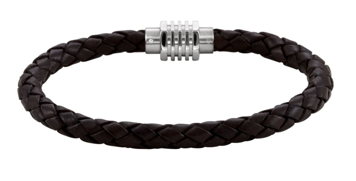 Men's Black Leather and Stainless Steel Bracelet (8.5 Inches)