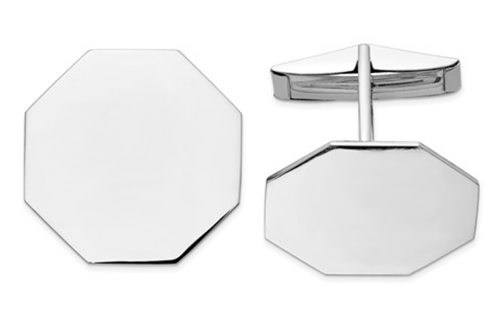 Rhodium Plated 14K White Gold, Polished Octagon Toggle Back Cuff links, 20MM 