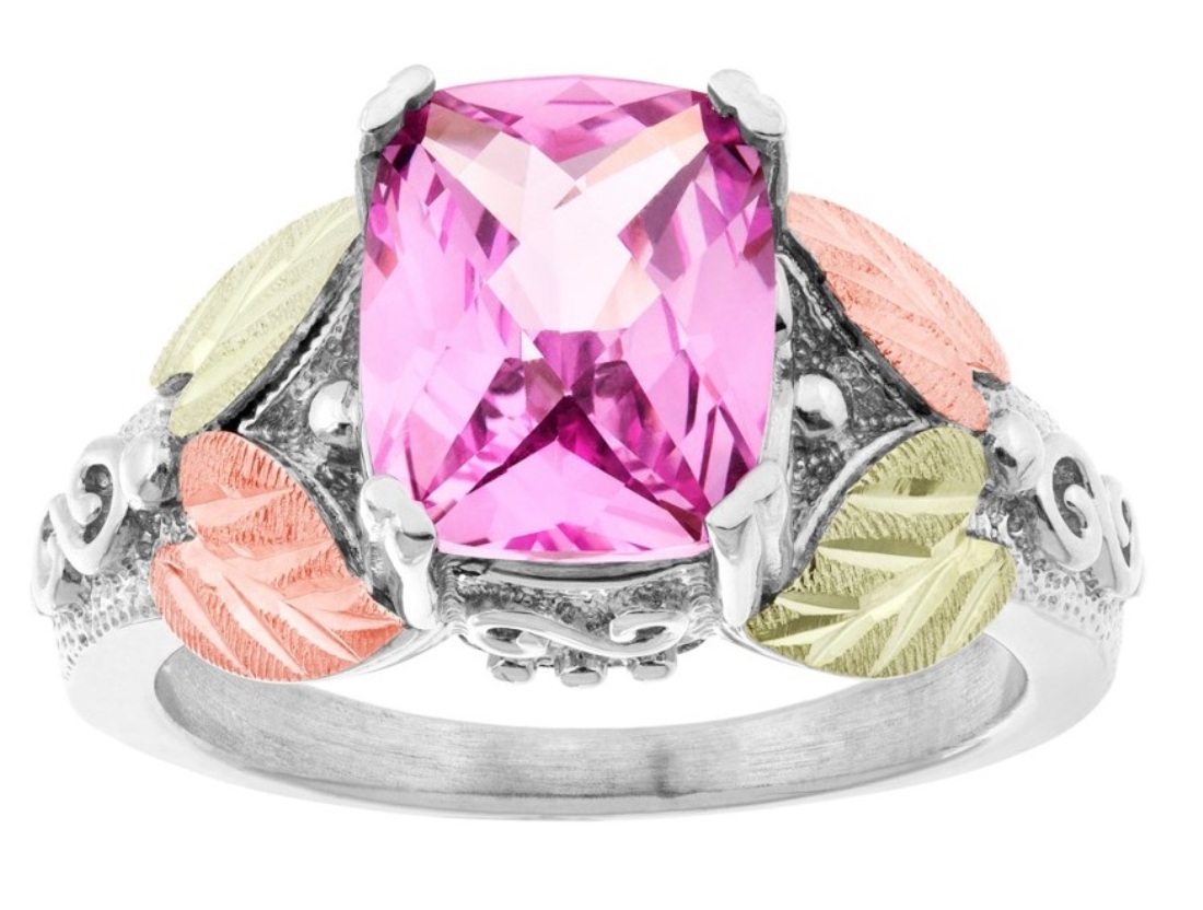  Created Cushion-Cut Pink Sapphire Ring, Sterling Silver, 12k Green and Rose Gold Black Hills Gold Motif