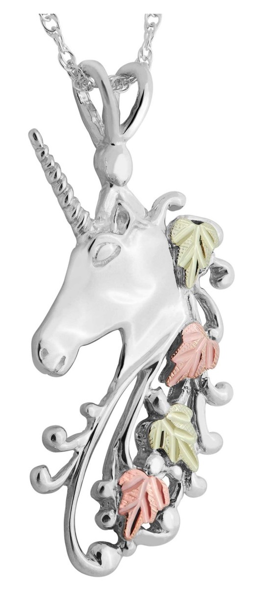 Unicorn Horse Pendant Necklace, Sterling Silver, 12k Green and Rose Gold Black Hills Gold Motif, 18