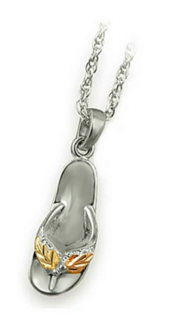 Petite Flip Flop Pendant Necklace, Sterling Silver, 12k Green and Rose Gold Black Hills Gold Motif, 18