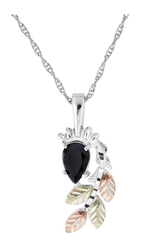 Onyx Pear Pendant Necklace, Sterling Silver, 12k Rose and Green Gold Black Hills Gold Motif, 18