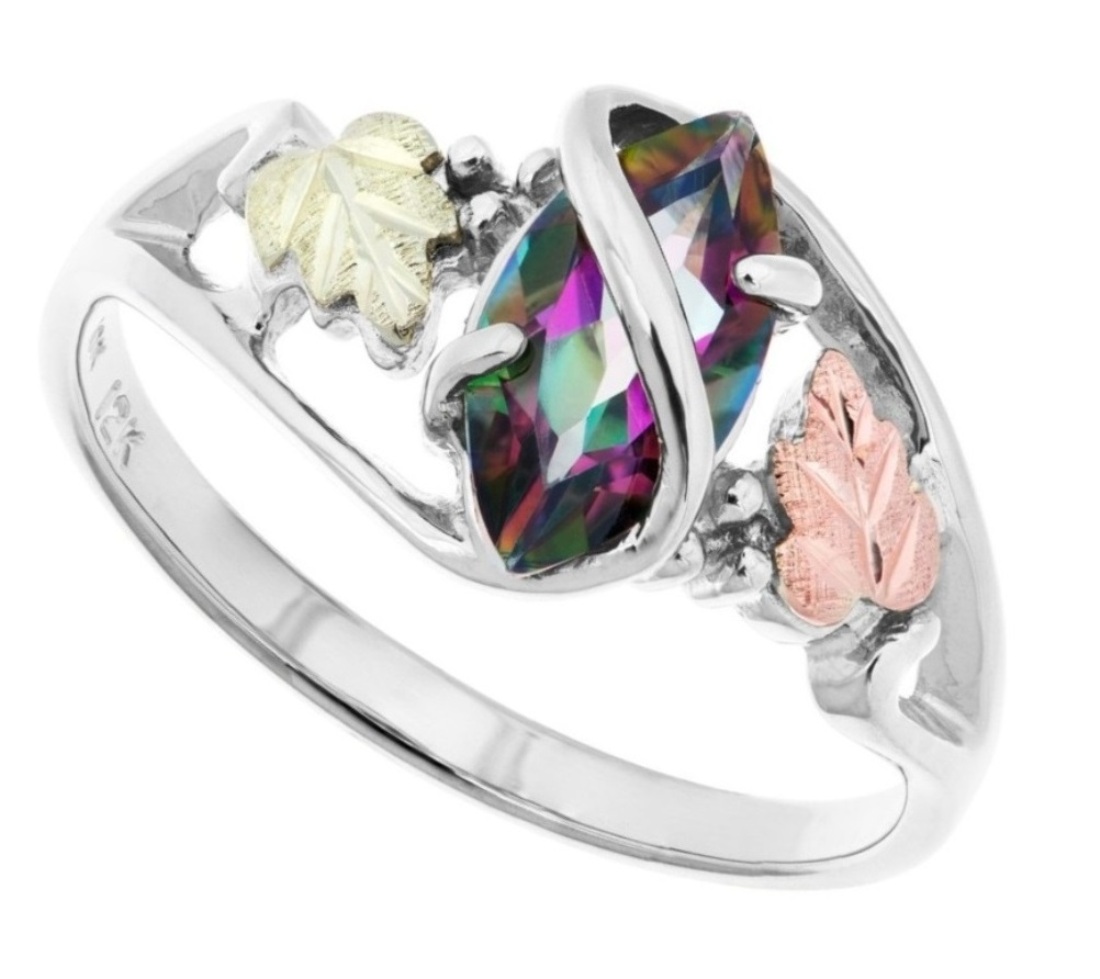 Sterling Silver, 12k Green and Rose Gold Marquise Mystic Fire Topaz Black Hills Gold Ring