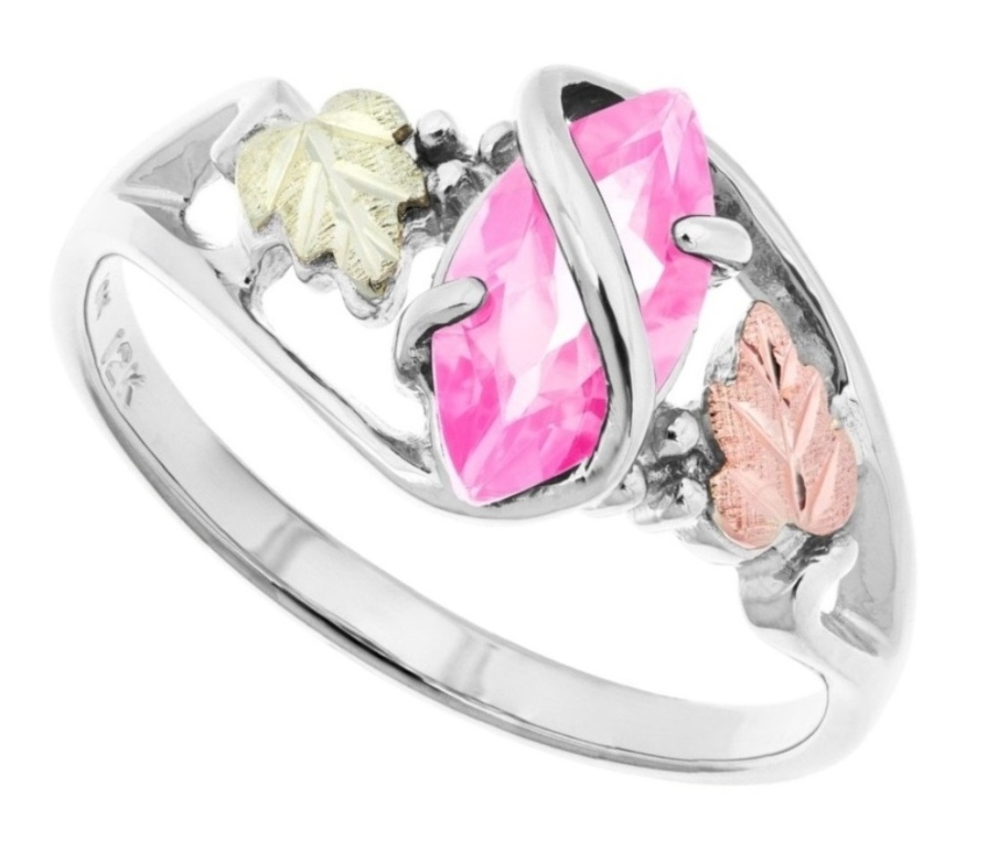 Sterling Silver, 12k Green and Rose Gold Marquise Pink Cubic Zirconia Black Hills Gold Ring