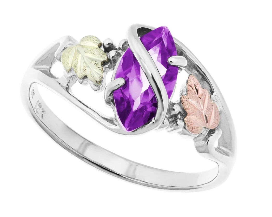 Sterling Silver, 12k Green and Rose Gold Marquise Amethyst Black Hills Gold Ring
