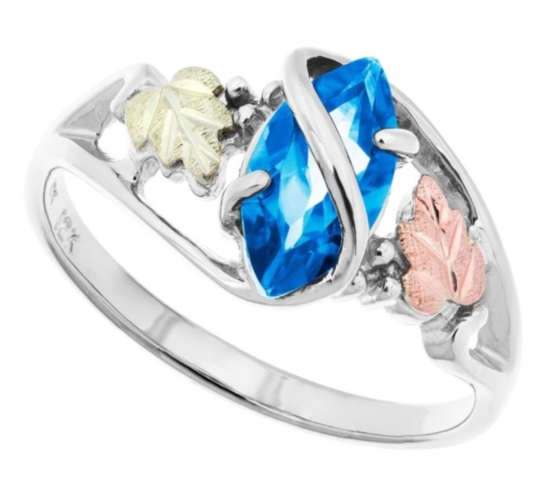 Sterling Silver, 12k Green and Rose Gold Marquise Blue Topaz Black Hills Gold Ring