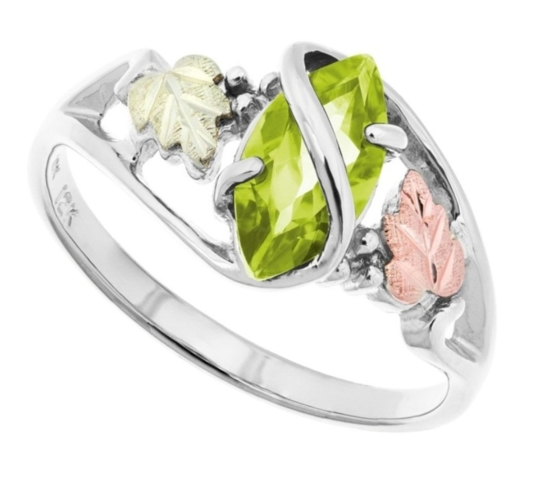 Sterling Silver, 12k Green and Rose Gold Marquise Peridot Black Hills Gold Ring