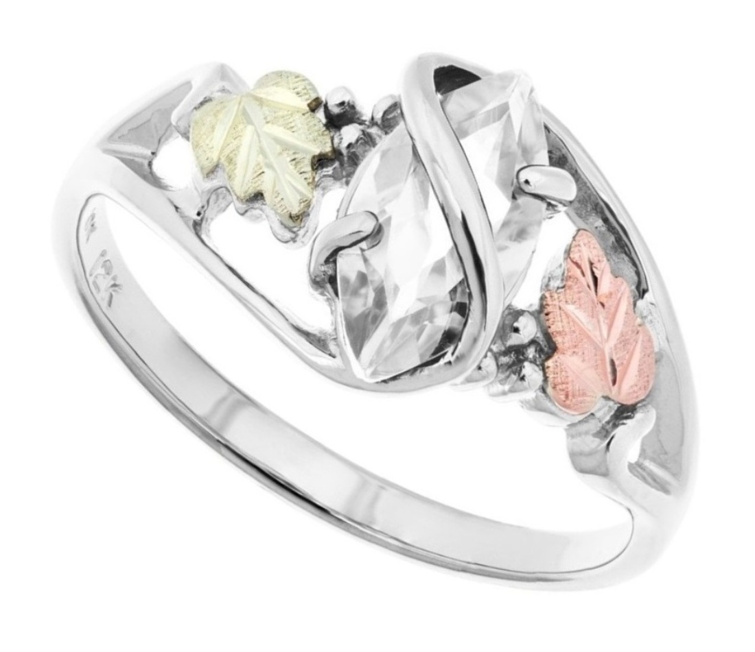 Sterling Silver, 12k Green and Rose Gold Marquise White Cubic Zirconia Black Hills Gold Ring