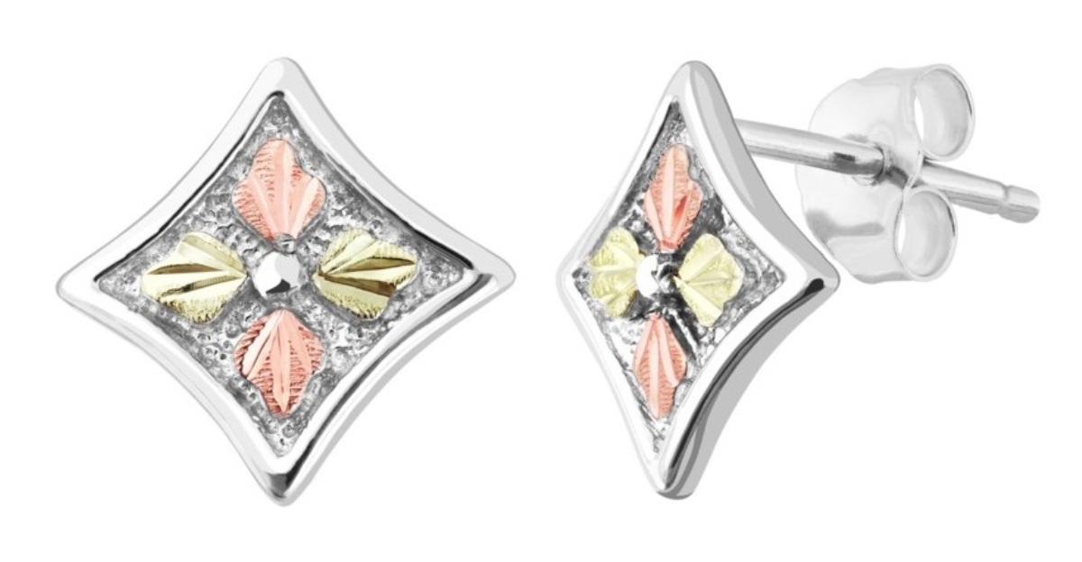 Four Leaves Diamond Shaped Post Earrings, Sterling Silver, 12k Rose and Green Gold Black Hills Gold/><br />
<img decoding=
