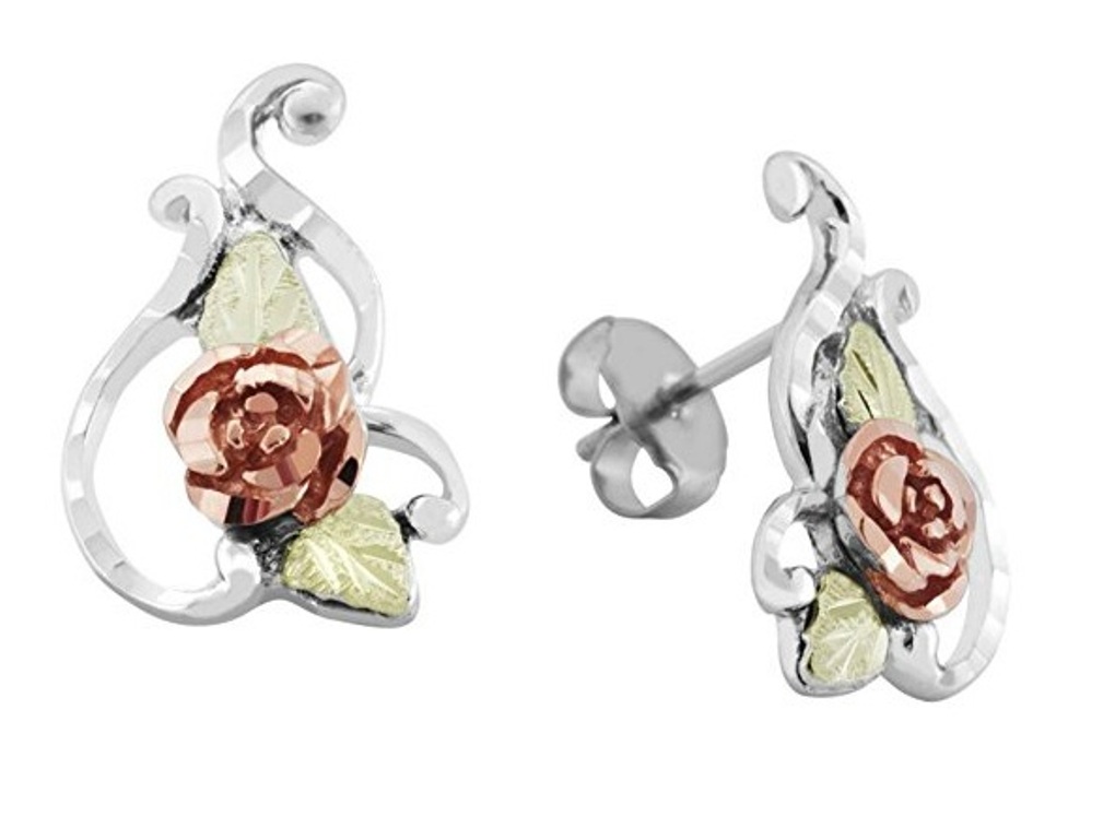 Diamond-Cut Rose Flower Earrings, Sterling Silver, 10k Gold, 12k Green and Rose Gold Black Hills Gold Motif