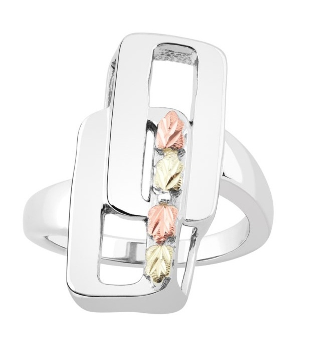 Rectangle with Leaves Bypass Ring, Sterling Silver, 12k Rose and Green Gold Black Hills Gold