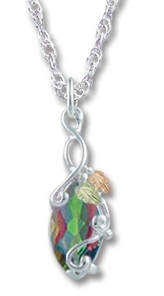 Marquise Mystic Fire Topaz Pendant Necklace, Sterling Silver, 12k Green and Rose Gold Black Hills Gold Motif, 18