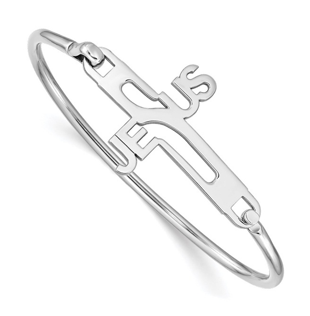 Sterling Silver Rhodium-Plated Jesus Cross Bangle