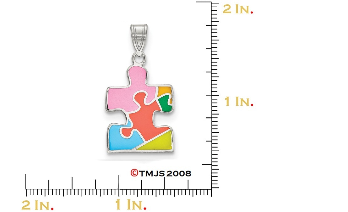 Multi-Color Autism Puzzle Piece Charm, Rhodium-Plated Sterling Silver Pendant (28.5X15MM)