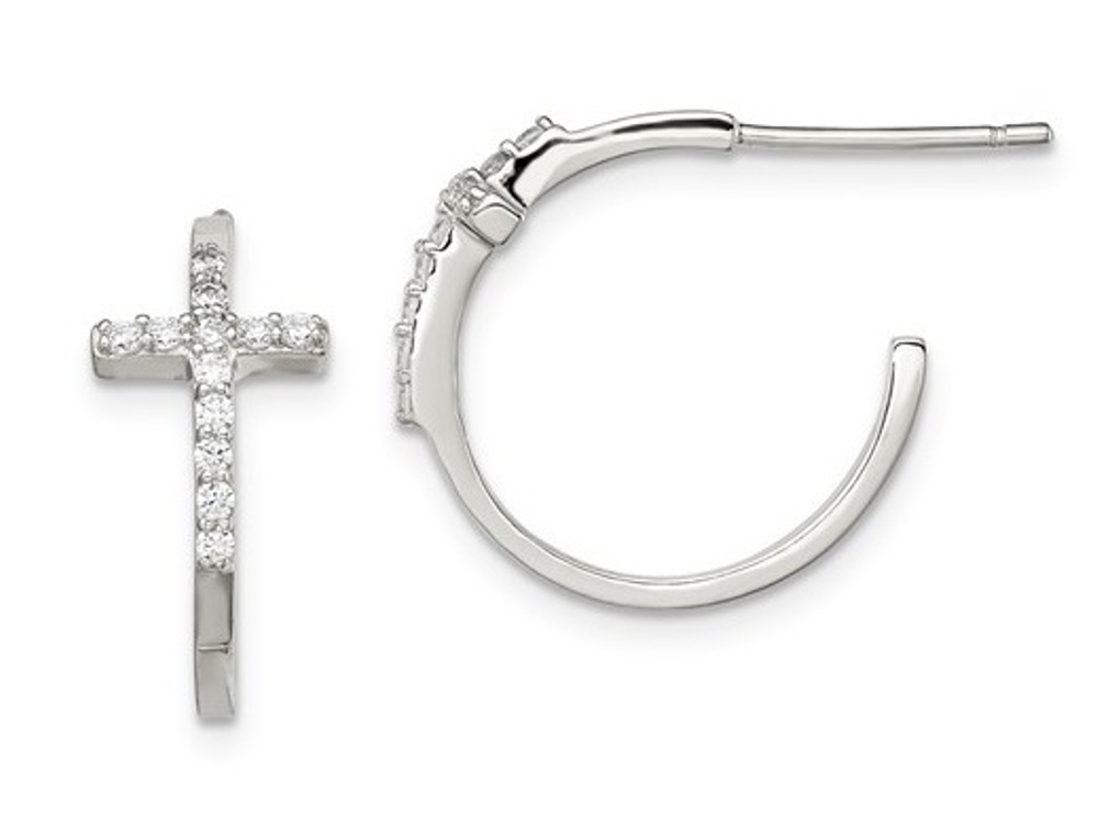 Sterling Silver with Cubic Zirconias Cross Hoop Earrings