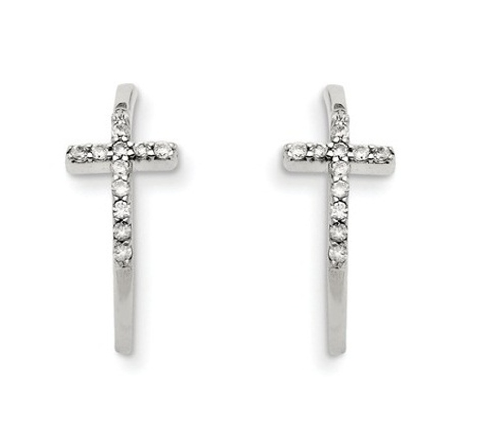 Sterling Silver with Cubic Zirconias Cross Hoop Earrings