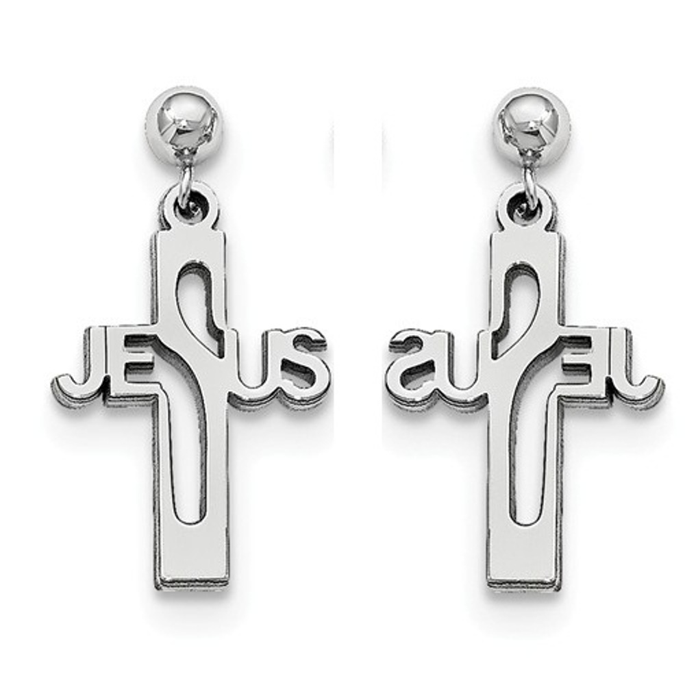 Rhodium-Plated Sterling Silver Jesus Cross Post Dangle Earrings 