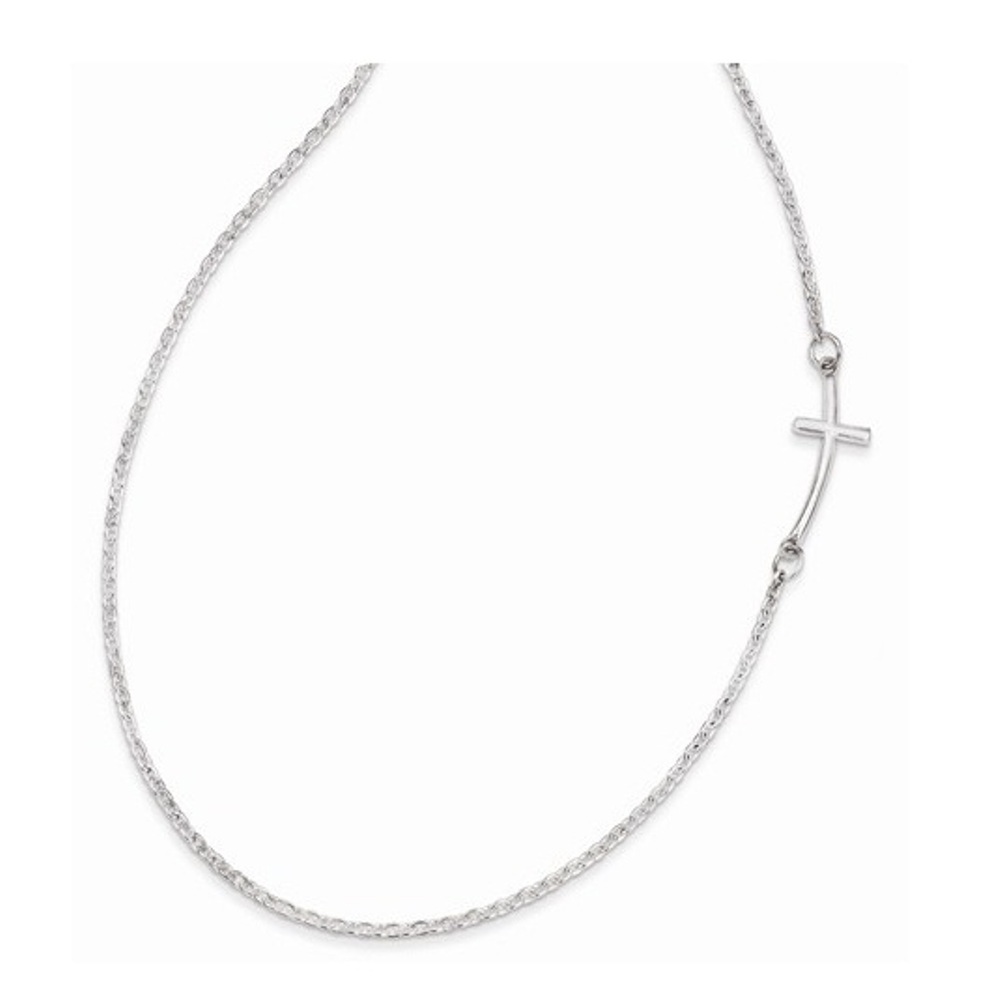  Small Sideways Curved Cross Necklace, Sterling Silver, 18