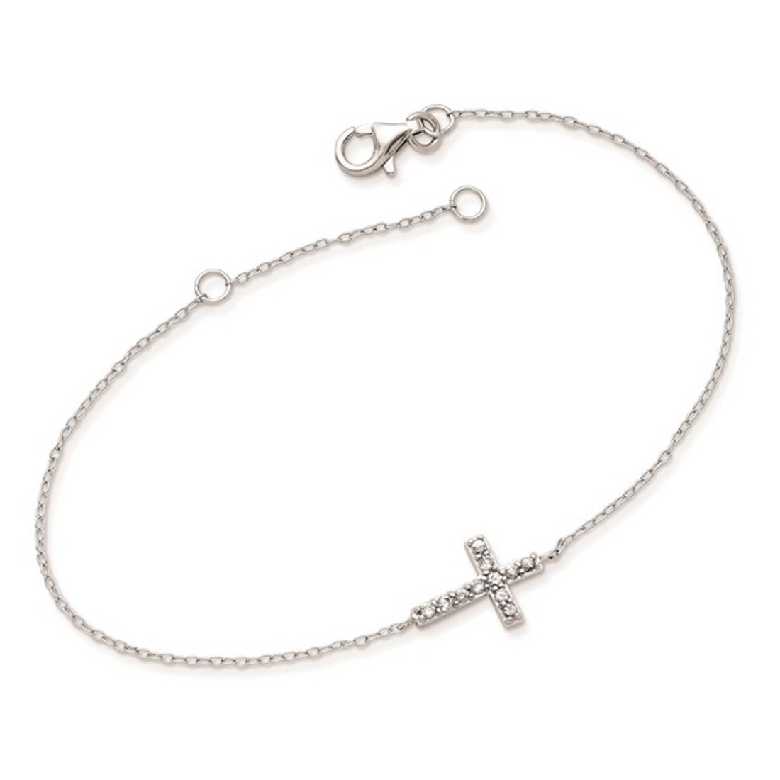 Sterling Silver With CZ Sideways Cross W 1 IN EXT Bracelet