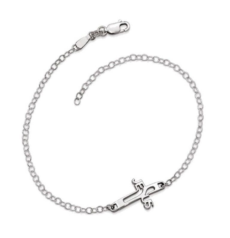 Rhodium-Plated Sterling Silver Jesus Cross Anklet 9.5