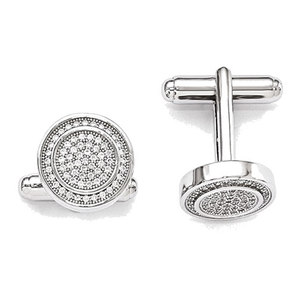 Rhodium-Plated Sterling Silver and CZ Brilliant Pave' Cuff Links, 14MM 