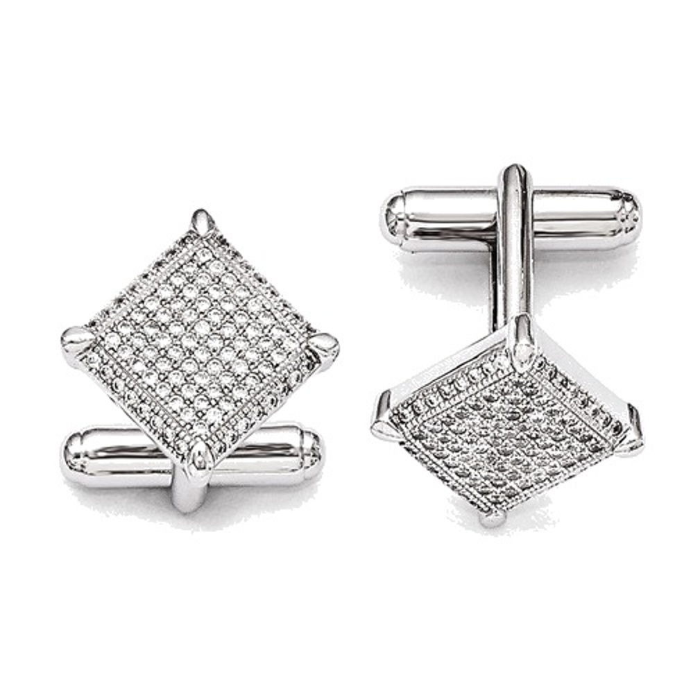 Rhodium-Plated Sterling Silver and CZ Brilliant Pave' Square Cuff Links, 17MM 