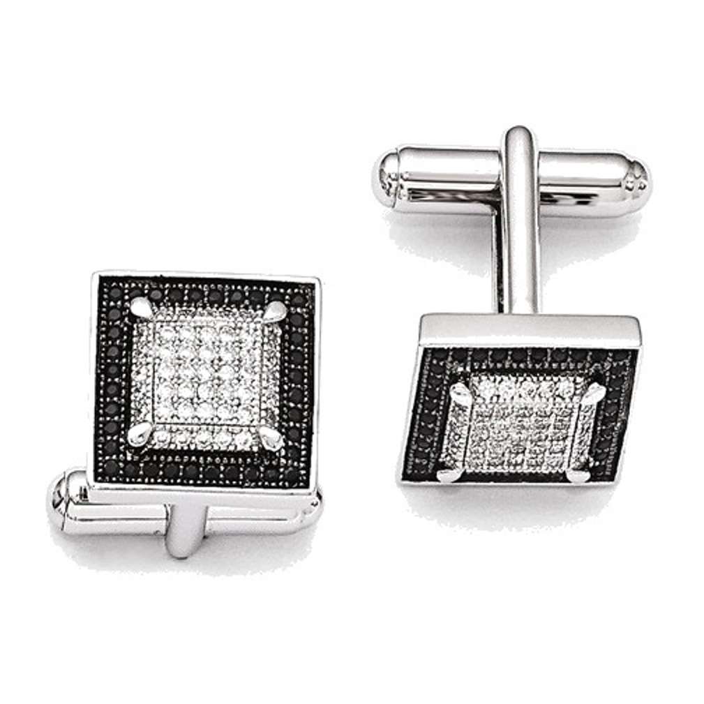 Rhodium-Plated Sterling Silver and CZ Brilliant Pave' Square Cuff Links, 13MM