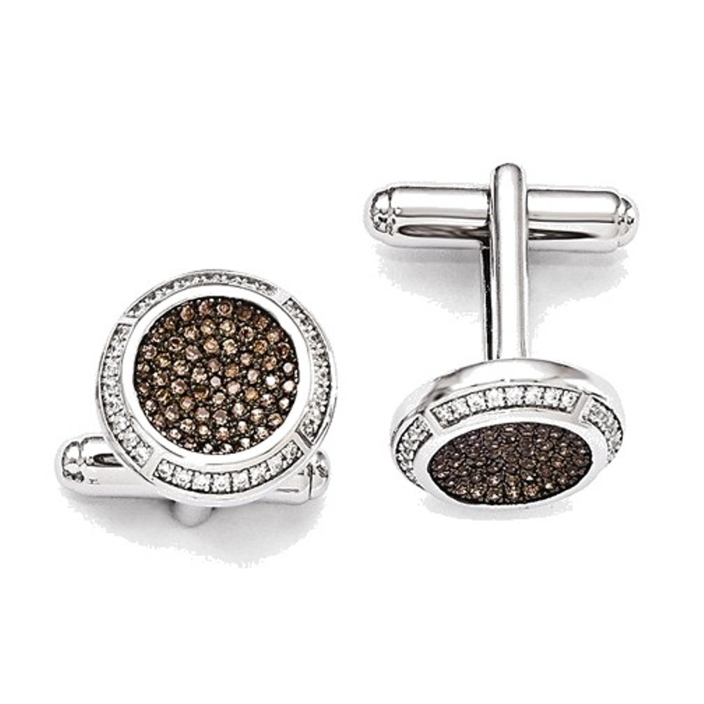 Rhodium-Plated Sterling Silver Brown and White CZ Pavé Round Cuff Links, 16MM
