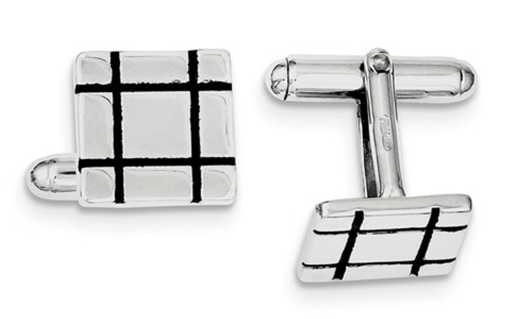 Rhodium-plated Sterling Silver and Black Enamel Groove Square Cuff Links, 14MM