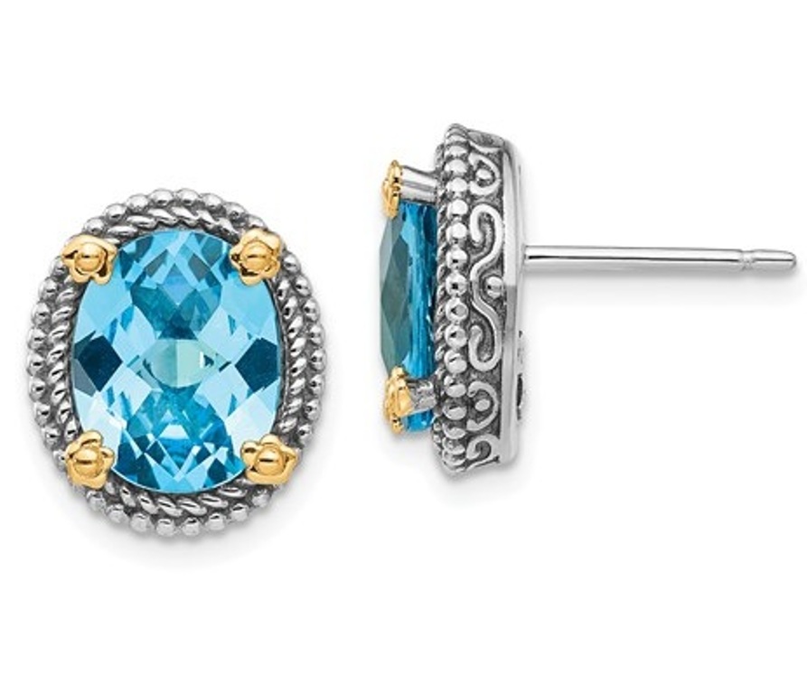 Sterling Silver and 14k Yellow Gold Oval Swiss Blue Topaz Earrings